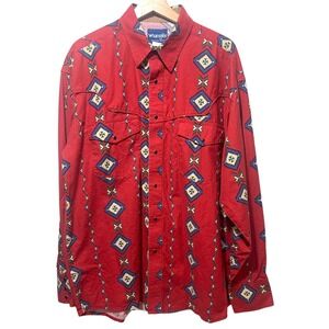 VTG Wrangler Multicolor Navajo  Brush popper Western Rodeo Cowboy L/S Shirt XL